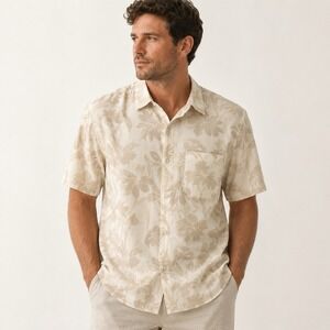 Algo 01 Subtle Floral Button Up Shirt Rip Stop  Rey Resort Mens Medium Beige